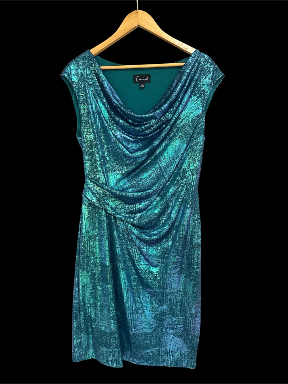 connected apparel Teal Shimmer Cowl Neck Mini Dress